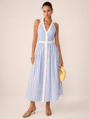 Striped Cotton Blend Collared Halter Midi Dress