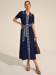 Contrast Trim Belted Short Sleeve Knit Dress