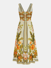 Tropical Floral Print Deep V-Neck Maxi Dress