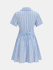Striped Cotton Linen Short Sleeve Shirt Dress
