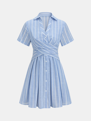 Striped Cotton Linen Short Sleeve Shirt Dress