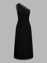 Contrast Stitch Trim One Shoulder Knit Maxi Dress