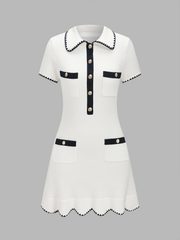Polo Collar Contrast Trim Ribbed Knit Mini Dress
