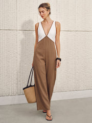 Color-Block Cotton Linen Wide Leg Jumpsuit