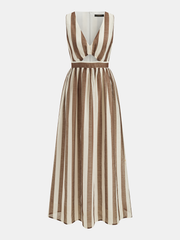 Sleeveless V-Neck Striped Cut-Out Maxi Dress