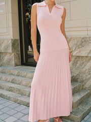 Polo Collar Sleeveless Ribbed Knit Maxi Dress