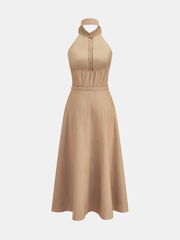 Collared Halter Backless Belted Maxi Dress
