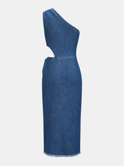One-Shoulder Cutout Denim Midi Dress