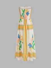 Smocked Bodice Strapless Floral Print Maxi Dress