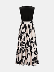 Sleeveless Leaf Print Tie Waist Maxi Dress