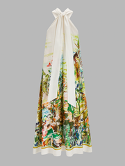 Cross-Neck Tropical Watercolor Print Maxi Dress