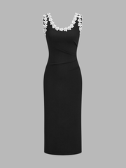 3D Floral Neckline Bodycon Midi Dress