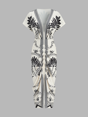 Palm Leaf Print Deep V Neck Maxi Dress