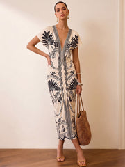 Palm Leaf Print Deep V Neck Maxi Dress