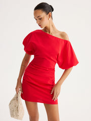 Off Shoulder Puff Sleeve Ruched Mini Dress