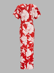 Floral Print Deep V Ruched Midi Dress