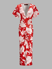 Floral Print Deep V Ruched Midi Dress