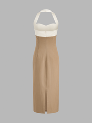Color Block Halter Pinstripe Midi Bodycon Dress
