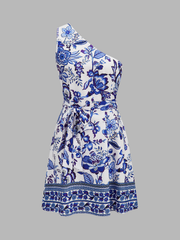 One Shoulder Floral Print Belted Mini Dress
