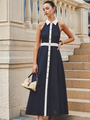 Collared Cotton Linen Contrast Trim Maxi Dress