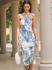 Halter Tie-Back Floral Print Midi Dress
