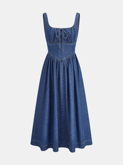 Denim Square Neck Tie Front Midi Dress