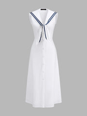 Sleeveless Sailor Collar Cotton Linen Midi Dress