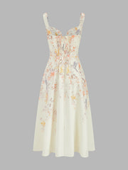Floral Bird Print Bustier Strap Midi Dress