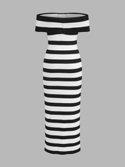 Striped Off Shoulder Knit Midi Dress