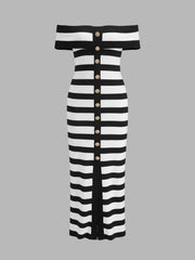 Striped Off Shoulder Knit Midi Dress