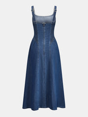 Square Neck Gathered Seam Denim Maxi Dress