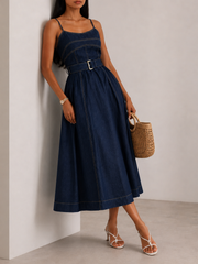 Belted A-Line Denim Cami Midi Dress