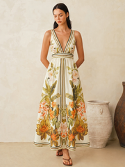 Tropical Floral Print Deep V-Neck Maxi Dress
