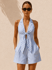 Halter Tie Front Striped Romper