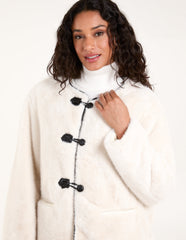Collarless Toggle Detail Faux Fur Jacket