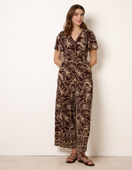 Tropical Print Shirred Waist Elasticated Round Neck Jumpsuit