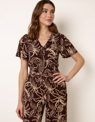 Tropical Print Shirred Waist Elasticated Round Neck Jumpsuit
