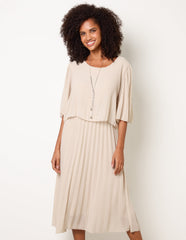 Pleated Short Sleeve Dress with Necklace