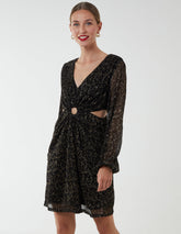 V-Neck Long Sleeve Metallic Dress