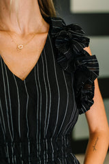 Pinstripe Romance V-Neck Ruffle Sleeve Dress in Black