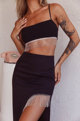 Attention Seeker Diamante Trim Midi Skirt Black