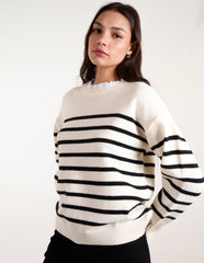 Horizontal Stripes Bow Button Detailed Jumper
