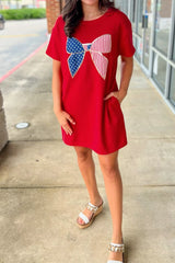 Sequin Trim Stars and Stripes Bow Patched T Shirt Mini Dress
