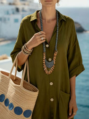 Button Front 3/4 Sleeve Maxi Dress