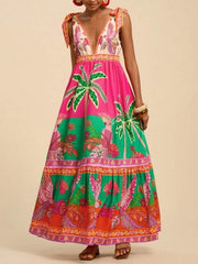 Tropical Print Tie-Shoulder Maxi Dress