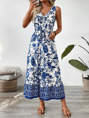 Floral Print Sleeveless V-neck Midi Dress