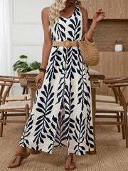 Leaf Print Sleeveless Slit Dress