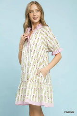 Umgee Striped Trim Floral Tiered Mini Dress