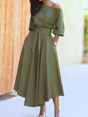 Boat Neck Tie Waist Dress