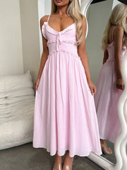 Ruffled Trimmed Spaghetti Strap Midi Dress